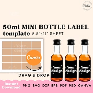 Puede incluir: Una plantilla imprimible para etiquetas de mini botellas de 50 ml. La plantilla incluye 12 etiquetas en una hoja de 21,6 cm x 27,9 cm. Las etiquetas son negras con texto blanco que dice "Tu diseño".