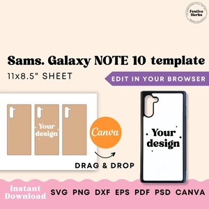 以下が含まれることがあります： Samsung Galaxy Note 10 の電話ケース用の印刷可能なテンプレートです。このテンプレートは Canva で使用するために設計されており、11x8.5 インチのシートに 3 つの電話ケースのアウトラインが含まれています。テンプレートには、白い背景に黒いテキストで「Your design」と書かれた電話ケースのデザインが表示されています。