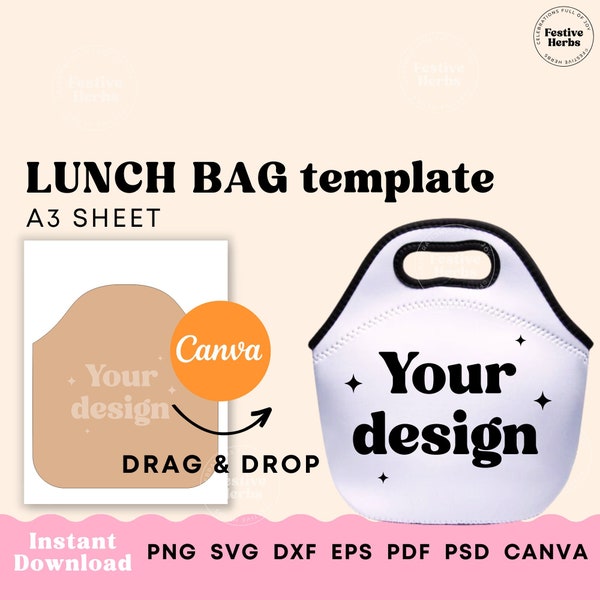 Lunch bag template, Lunch tote sublimation template, Lunch tote SVG PNG, Lunch bag canva template for sublimation