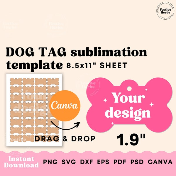 Dog tag template, Dog tag svg, Dog tag sublimation template, Personalized pet ID bone tag Canva template for sublimation 1.9 inch Dog tag