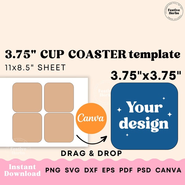 Square Coaster Template, 3.75 inch Square Cup Coaster Sublimation Template, Car coaster sublimation, Square coaster SVG PNG Canva template