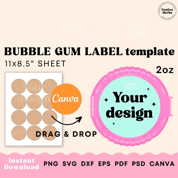 Bubble gum label template, Party favor template canva, Label template birthday, 2oz Bubble Gum Tape Template SVG cut file Instant download