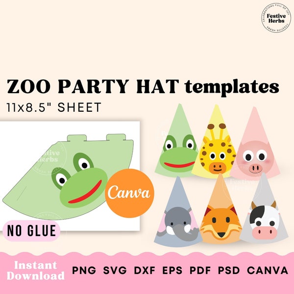 Farm animals party hat template, Party hat SVG Birthday hat svg template, Zoo animals Party hat for kids printable Instant download