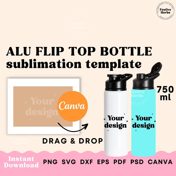 Flip top tumbler template, 750ml Flip top tumbler sublimation template, Water bottle sublimation, Water bottle template SVG PNG Canva