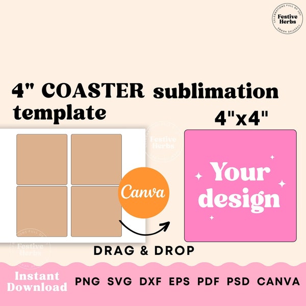 Square Coaster Template, 4inch Square Cup Coaster Sublimation Template, Car coaster sublimation, Square coaster SVG PNG Canva template