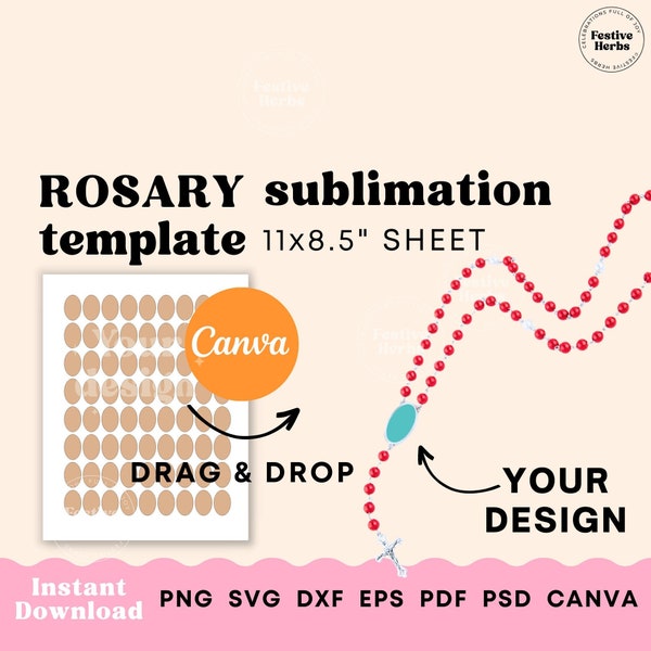 Rosary sublimation template, Rosary template, Rosary picture frame template canva, Instant download necklace rosary template