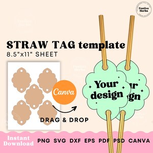 Straw Tag Template, Party template canva, Custom party decor party tags, Printable label template for straws