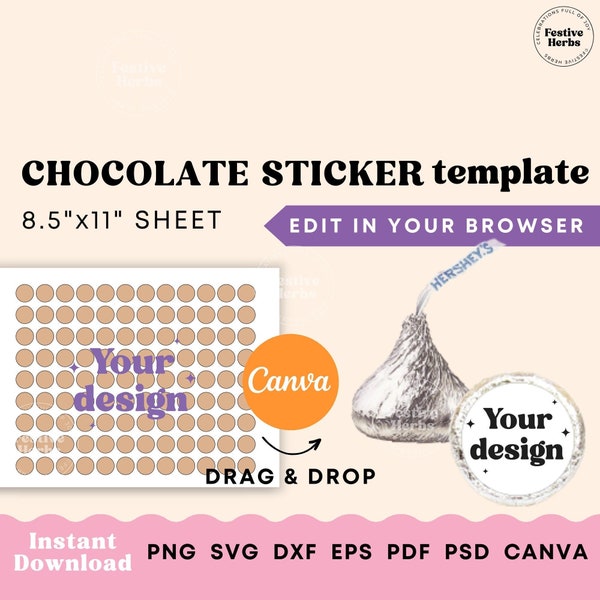 Hershey Kiss Sticker Template, Party Favor templates Canva, Cricut, Blank label stickers for teacher, Chocolate Labels, Circle stickers svg