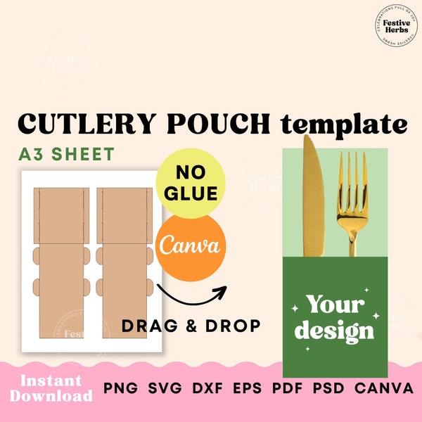 Cutlery pouch template, Cutlery holder SVG, Template for cutlery holder for wedding, Canva template Instant download