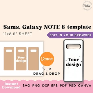 Puede incluir: Una plantilla para una funda de teléfono Samsung Galaxy Note 8. La plantilla mide 11 pulgadas por 8,5 pulgadas y se puede editar en un navegador web. La plantilla muestra una funda de teléfono negra con un fondo blanco y el texto "Your design" en negro. La plantilla se puede utilizar para crear fundas de teléfono personalizadas.
