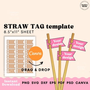 Straw Tag Template, Drinking Straw Flag Template, Party template canva Custom party decor template, Printable label template for straws