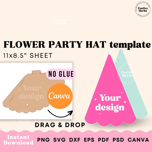 Party hat template, No glue Party hat SVG, Birthday hat svg, Printable birthday party template for hat, Party hats for kids Instant Download