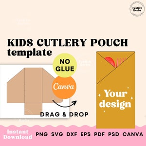 May include: A template for a kids' cutlery pouch with the text "KIDS CUTLERY POUCH template". The design includes a brown paper pouch outline, a yellow pouch with cutlery, and the words "NO GLUE", "Canva", and "DRAG & DROP".