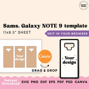 May include: A template for a Samsung Galaxy Note 9 phone case. The template is 11 inches by 8.5 inches and can be edited in a web browser. The template includes a black and white phone case with the text "Your design" in black. The template can be customized using Canva.