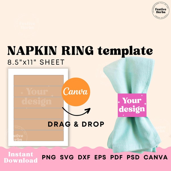 Napkin ring template, Cutlery paper holder template, Napkin ring holder canva template, Napkin ring tags for wedding Instant download