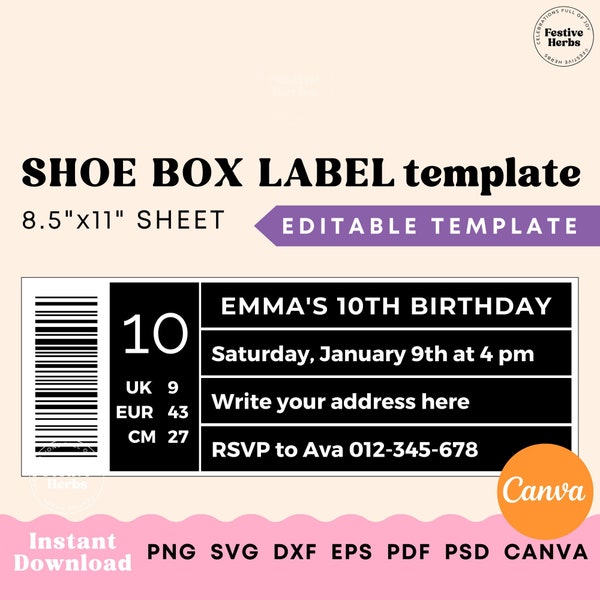 Shoe box label template, Shoe box label SVG, Party favor templates canva Editable shoe label Instant download Printable template