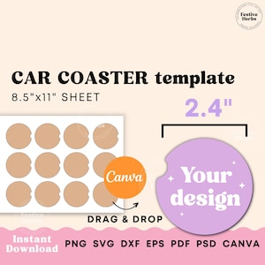 2.4 Car coaster template, Car cup coaster SVG, Car coaster sublimation template Canva, PNG Printable template for custom car coaster