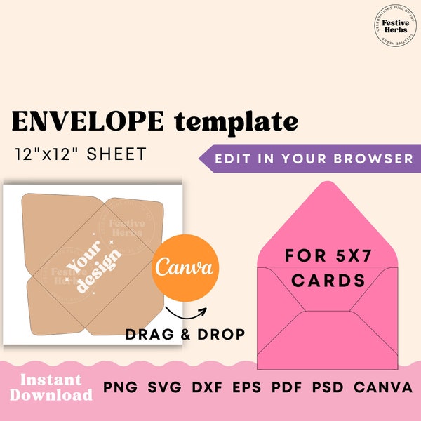 Envelope template, Envelope 5x7, Envelope SVG template cricut, Envelope template Canva, Printable template, Wedding envelope template