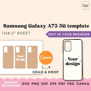 Peut inclure: Un modèle de coque de téléphone pour Samsung Galaxy A73 5G. Le modèle mesure 28 cm sur 21,5 cm et peut être édité dans un navigateur Web. Le modèle montre trois coques de téléphone avec le texte "Your design" sur l'une des coques. Le modèle est conçu pour être utilisé avec Canva.