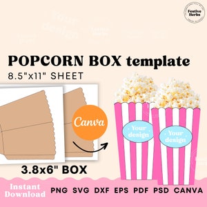 Popcorn box template, Popcorn box SVG, Popcorn box for wedding birthday kids party custom canva template, Party box favor template