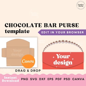 Chocolate Bar Purse Template, Chocolate Wrapper template Party favor, Candy bar labels, Chocolate bar personalized template canva