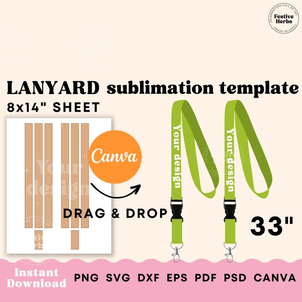 Plantilla de sublimación de cordón, plantilla Lanyard SVG Canva para sublimación, plantilla de cordón PNG cordón personalizado Descarga instantánea