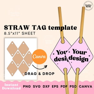 Straw Tag Template, Party template canva, Custom party decor party tags, Printable label template for straws