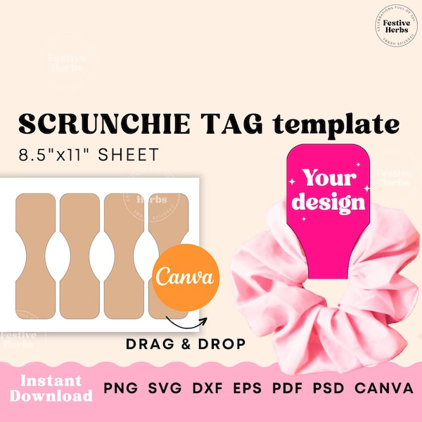 Scrunchie tag Canva template, Scrunchie tag SVG printable label template, Instant download