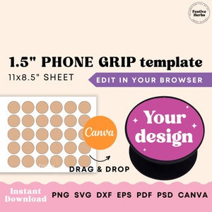 Könnte beinhalten: Eine Vorlage für einen 1,5-Zoll-Telefonhalter mit einer Blattgröße von 27,9 x 21,6 cm. Das Design zeigt einen rosa und schwarzen Telefonhalter mit dem Text "Your design". Enthält ein Canva-Logo und die Worte "Drag & Drop".