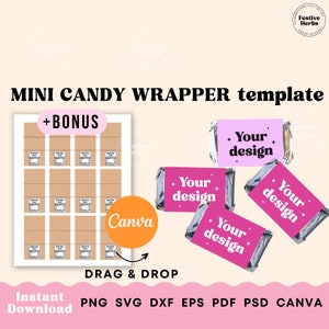 Mini Chocolate Wrapper Template, Chocolate bar template Mini Candy bar Wrappers, Mini candy bar labels party template canva