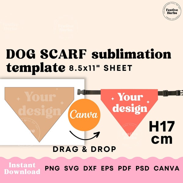 Dog bandana sublimation, Dog bandana template SVG, Dog scarf personalized canva template, 17cm Pet bandana sublimation Instant download
