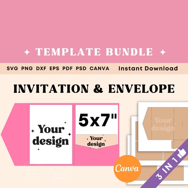 Modèle d'invitation de mariage de poche, modèle d'enveloppe de poche de 5 x 7 pouces, modèle d'enveloppe de poche SVG Canva Téléchargement numérique d'invitation