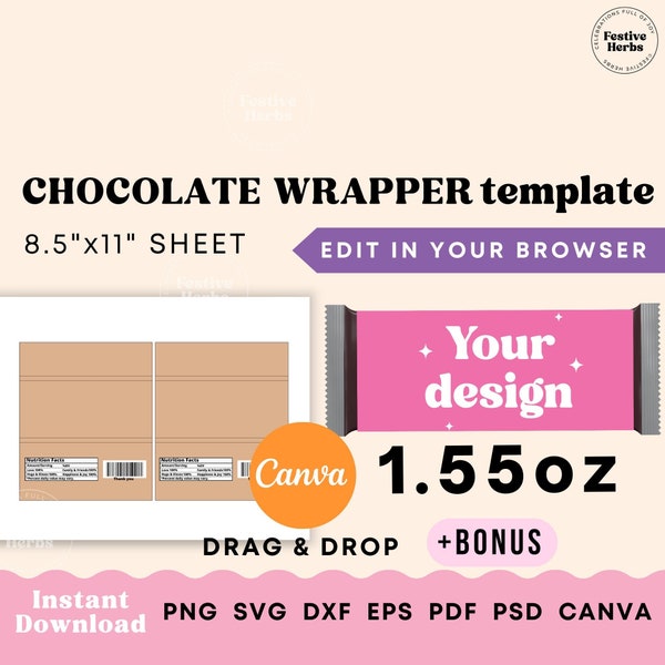 Chocolate Bar Wrapper Template, Party favor template Candy bar, Chocolate bar personalized Party favor Canva template