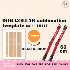 Könnte beinhalten: Eine Sublimationsvorlage für Hundehalsbänder, die eine Vorlage mit sechs 8x14 Zoll großen Rechtecken zum Entwerfen und zwei rote Halsbänder mit schwarzen Schnallen zeigt, die jeweils 66 cm lang sind. Der Text "Your design" ist auf jedem Halsband aufgedruckt.