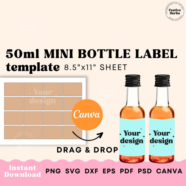 Mini wine bottle label template, 50 ml Liquor label template Canva, Printable mini wine label SVG, Mini wine bottle tags Instant download