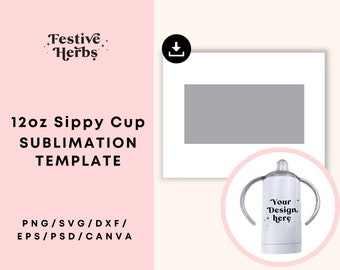 Op de afbeelding: Een sublimatie sjabloon voor een 12 ounce sippy cup. Het sjabloon is een grijze rechthoek met de tekst "Your Design Here" op een witte sippy cup met twee handvatten.