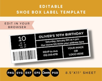 Shoe box label template, Shoe box label SVG, Label template for shoe box, Instant Download, Editable shoe box label template