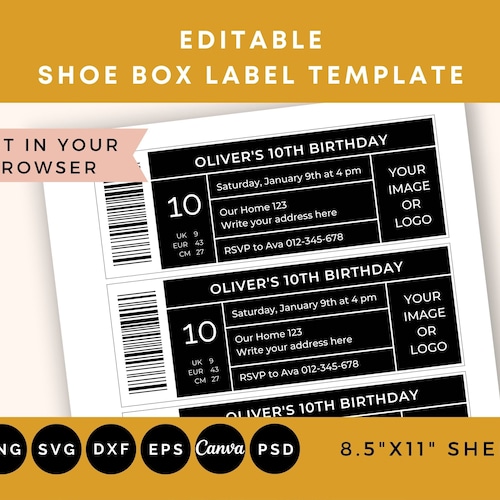 Shoe Box Label Template SVG DXF PNG Printable Instant - Etsy
