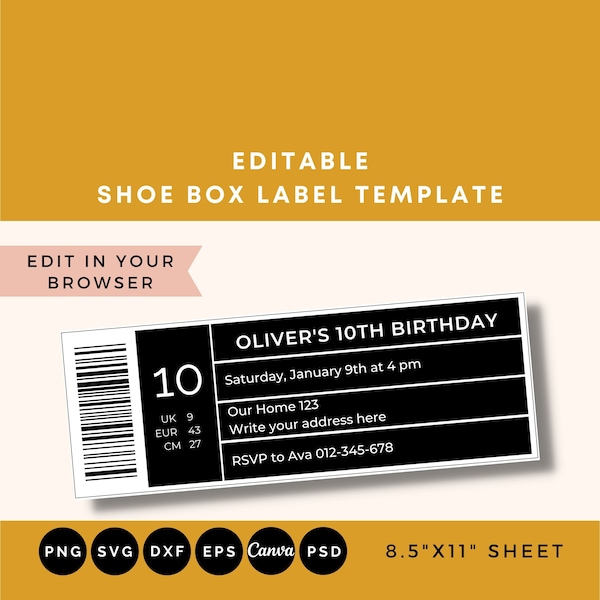 Shoe box label template, Shoe box label SVG, Label template for shoe box, Instant Download, Editable shoe box label template