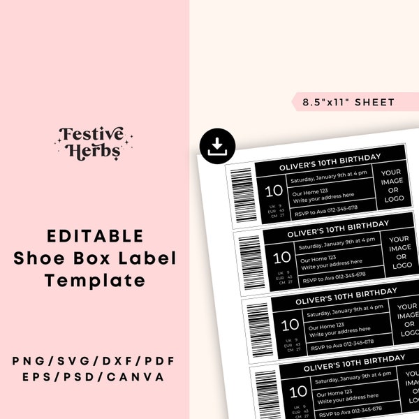 Shoe box label template, Shoe box label SVG, Label template for shoe box, Instant Download, Editable shoe box label, Label SVG for shoebox