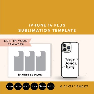 Peut inclure: Un modèle de sublimation pour un étui de téléphone iPhone 14 Plus. Le modèle comprend trois maquettes d'étuis de téléphone et un exemple de design qui dit "Your Design Here". Le modèle est conçu pour être édité dans un navigateur Web et est disponible aux formats PNG, SVG, DXF, EPS, Canva et PSD. Le modèle est imprimé sur une feuille de 21,6 cm x 27,9 cm.