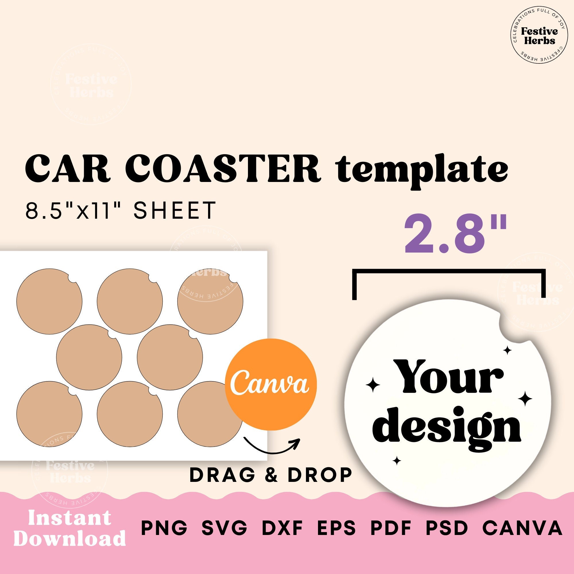 Car Coaster Packaging, Canva Coaster Printable Packaging, Car Coaster  Display Card Template, 2.5 Inch Car Coaster, Coaster Phrases Bonus 