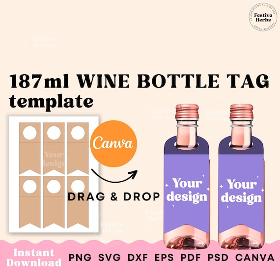 187ml Wine Tag Template, Mini wine bottle tag template, Wine gift tag template SVG Canva, Wine label template for wedding baby shower