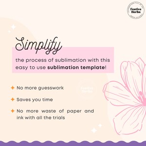 K&ouml;nnte beinhalten: Eine rosa und wei&szlig;e Grafik mit dem Text "Vereinfachen Sie den Sublimationsprozess mit dieser einfach zu verwendenden Sublimationsvorlage!" und Aufz&auml;hlungszeichen, die die Vorteile auflisten: "Kein R&auml;tselraten mehr", "Sparen Sie Zeit" und "Kein Papier- und Tintenverschwendung mehr bei allen Versuchen".