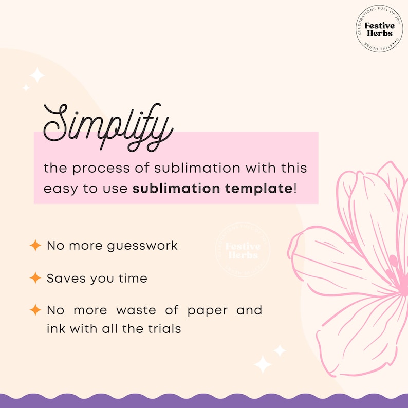 K&ouml;nnte beinhalten: Eine rosa und wei&szlig;e Grafik mit dem Text "Vereinfachen Sie den Sublimationsprozess mit dieser einfach zu verwendenden Sublimationsvorlage!" und Aufz&auml;hlungszeichen, die die Vorteile auflisten: "Kein R&auml;tselraten mehr", "Sparen Sie Zeit" und "Kein Papier- und Tintenverschwendung mehr bei allen Versuchen".