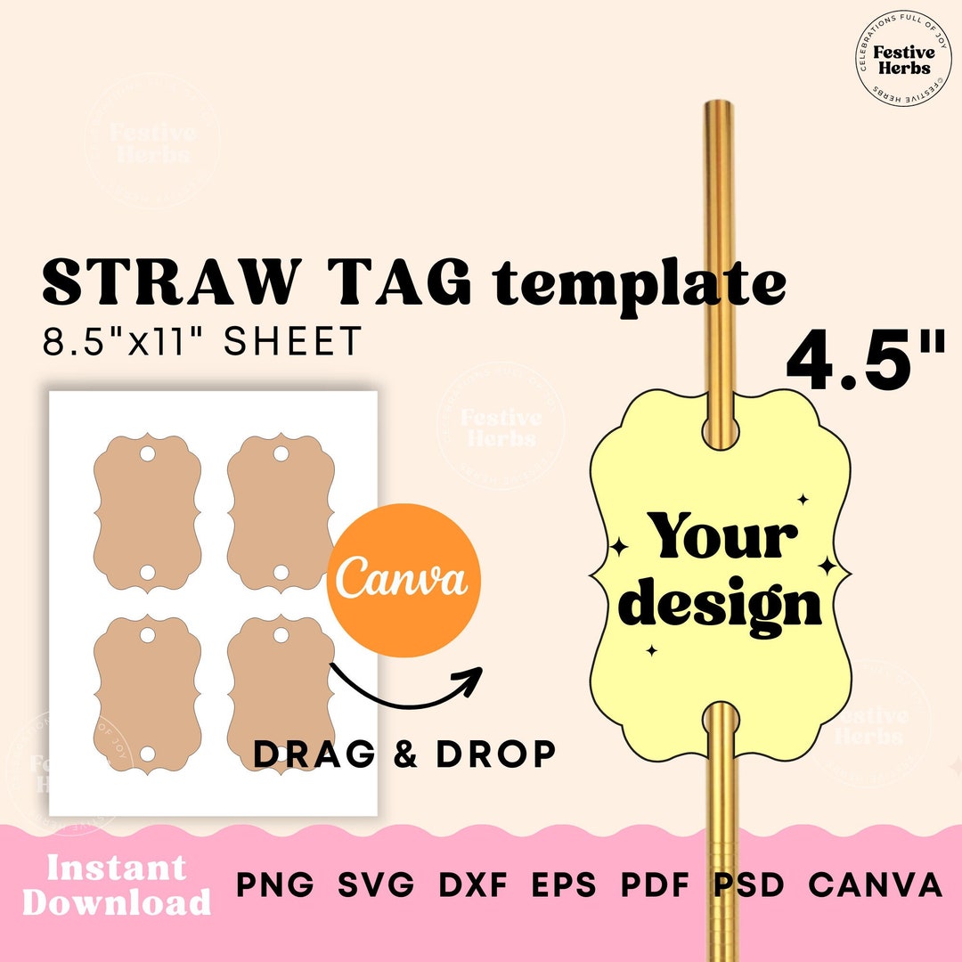 Straw Tag Template, Party Template Canva, Custom Party Decor Party Tags ...
