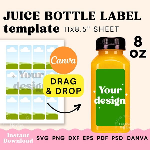 Juice Bottle Label Template, 8oz Bottle label template Canva, Party favor kids, 8oz Juice bottle label SVG template Instant download