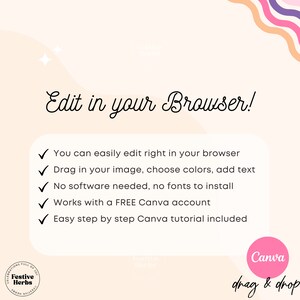 K&ouml;nnte beinhalten: Eine rosa und wei&szlig;e Grafik mit dem Text "Edit in your Browser!" und einer Liste von f&uuml;nf H&auml;kchen mit Text, der die Vorteile der Verwendung von Canva zum Bearbeiten von Bildern beschreibt. Die Grafik enth&auml;lt auch das Canva-Logo und den Text "drag & drop".