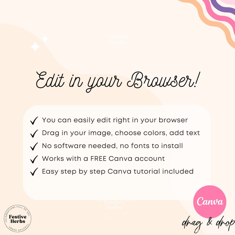 K&ouml;nnte beinhalten: Eine rosa und wei&szlig;e Grafik mit dem Text "Edit in your Browser!" und einer Liste von f&uuml;nf H&auml;kchen mit Text, der die Vorteile der Verwendung von Canva zum Bearbeiten von Bildern beschreibt. Die Grafik enth&auml;lt auch das Canva-Logo und den Text "drag & drop".