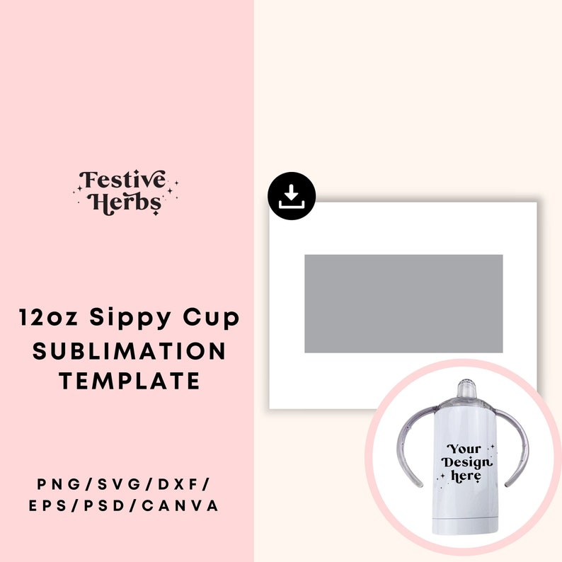 May include: A sublimation template for a 12 ounce sippy cup. The template is a gray rectangle with the text "Your Design Here" on a white sippy cup with two handles.
